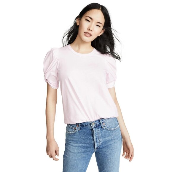 A.L.C. Women's Pink Puff Sleeve T-Shirt Cotton Crewneck Short Sleeve Medium New - Picture 2 of 5